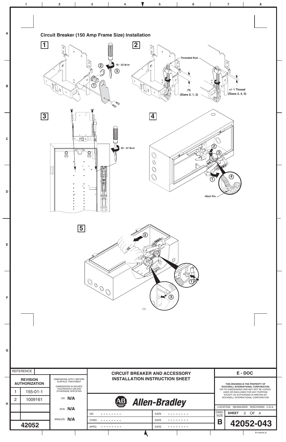 Circuit breaker (150 amp frame size) installation | Rockwell Automation 1401-N60 - N66 Circuit Breaker User Manual | Page 3 / 4