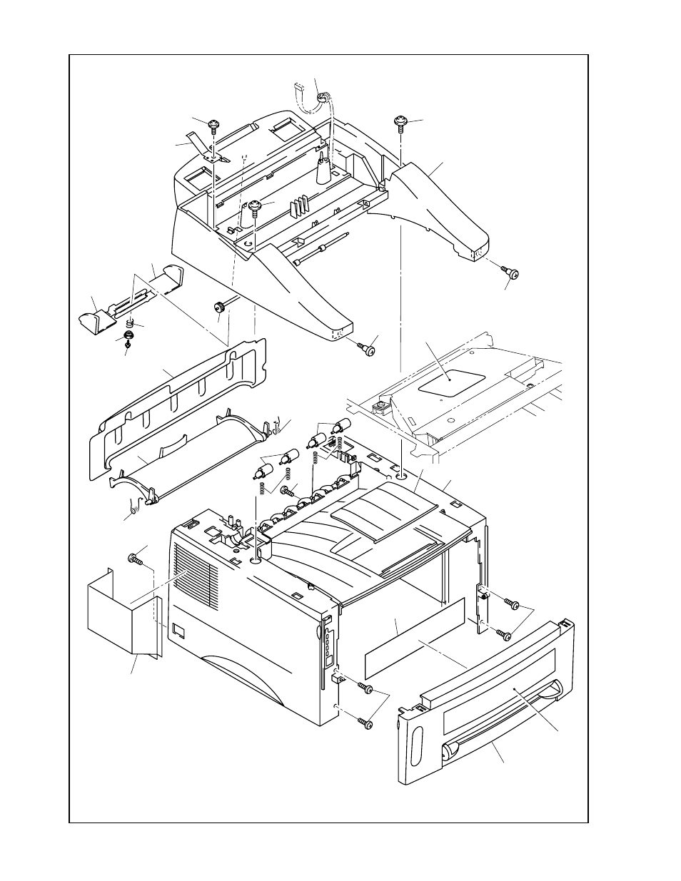 Drawing, 1 main cover assy, 4 pinch roller assy | 4 pinch roller spring, 1 rear cover, 1 rear cover spring l, 1 rear cover spring r, 1 front cover assy p25, 1 front cover assy p25 leg, 1 tray extension flap | Brother HL-P2500 User Manual | Page 16 / 27