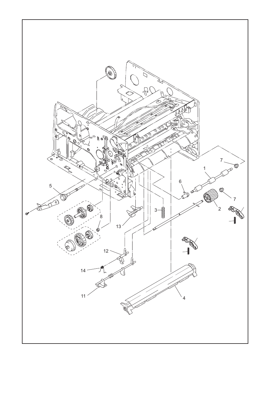 Drawing, Paper feed roller assy, Paper pick-up roller assy | Tr electrode helical spring, Outer chute 1 (sp), Gear 21 | Brother HL-P2500 User Manual | Page 9 / 27