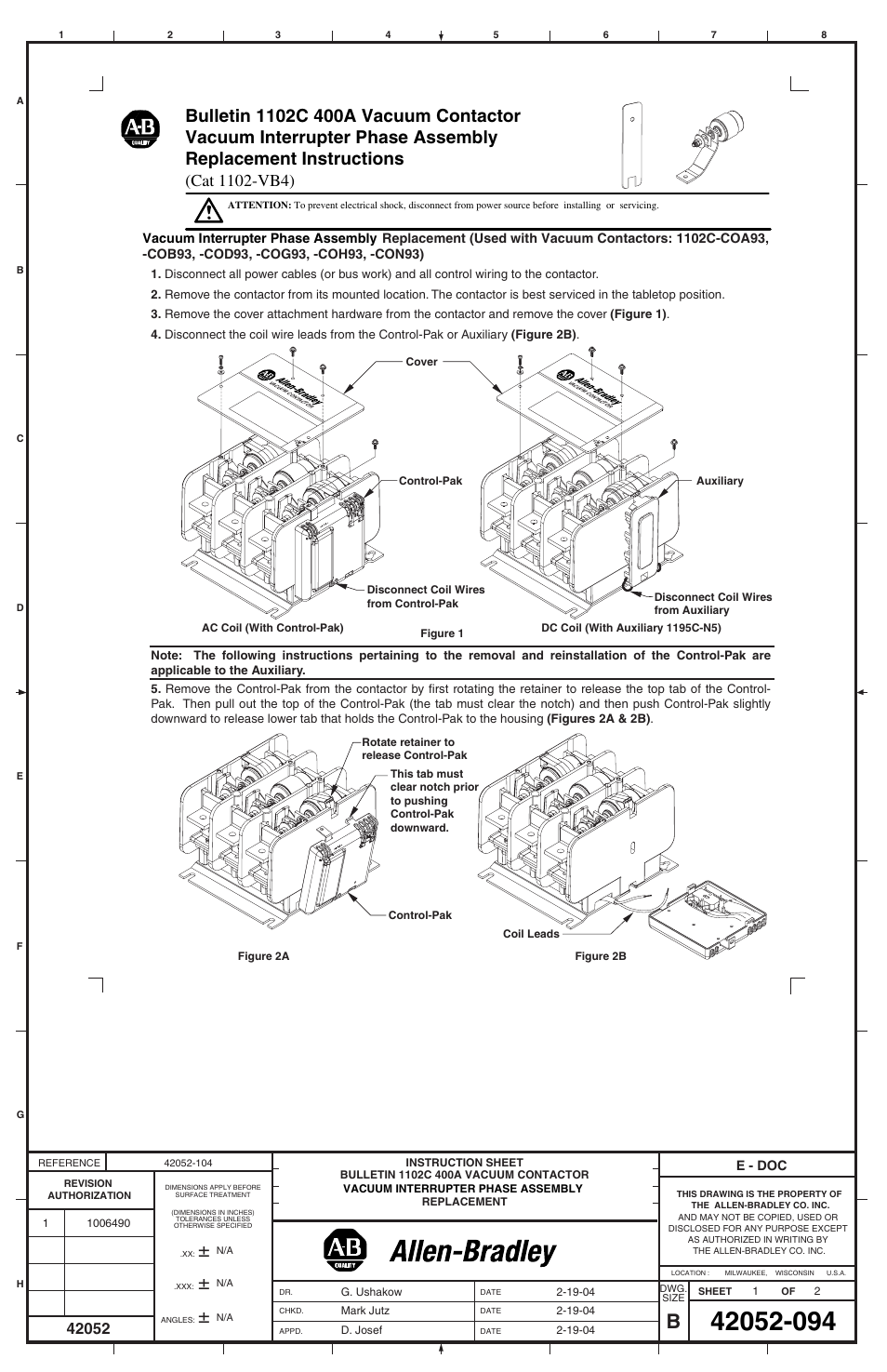 Rockwell Automation 1102C-VB4 400A Vacuum Contactor Vacuum Interrupter Phase Assembly Replacement User Manual | 2 pages