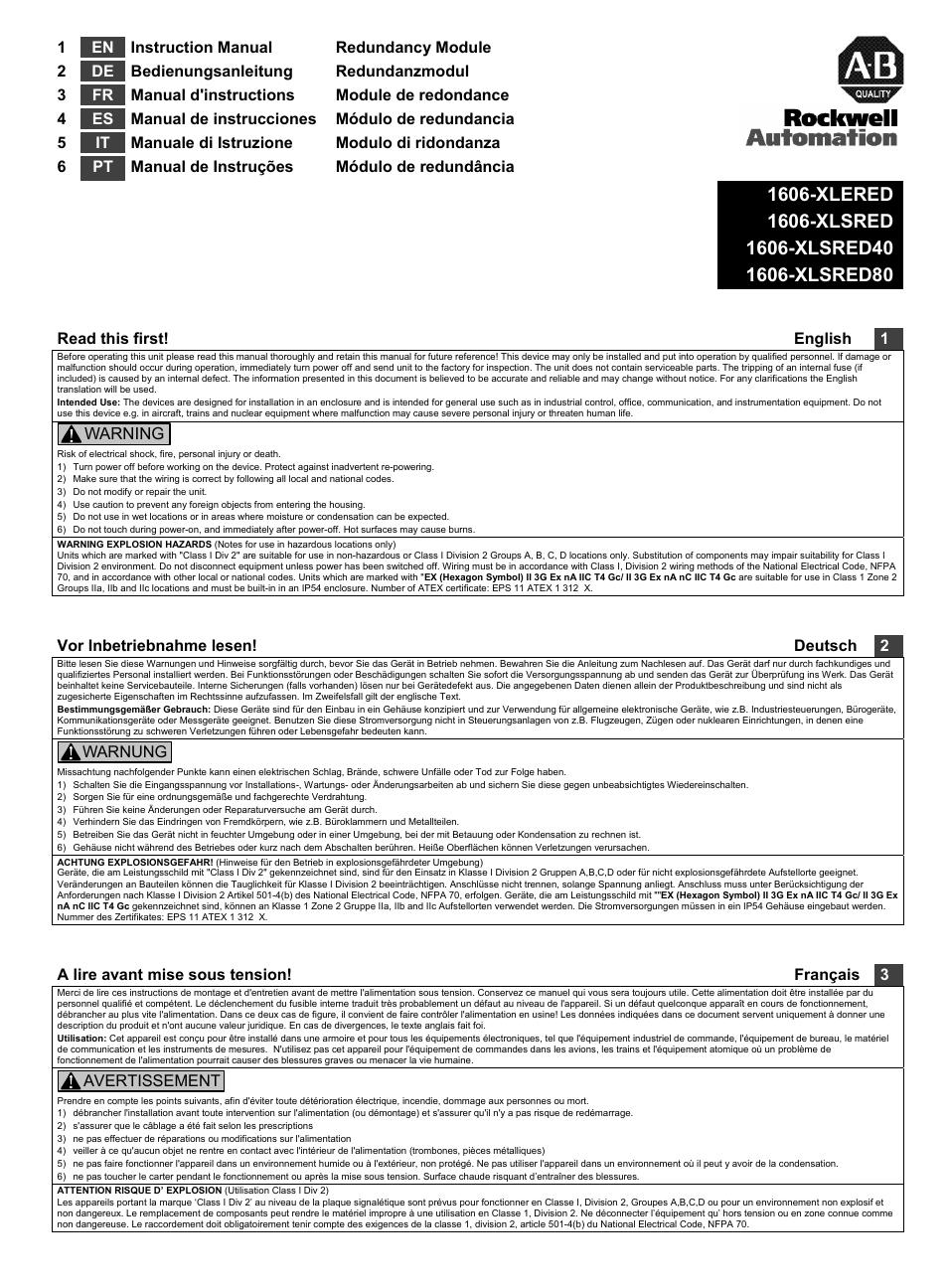 Rockwell Automation 1606-XLSRED80 DC Power Supply Redundancy Module User Manual | 6 pages