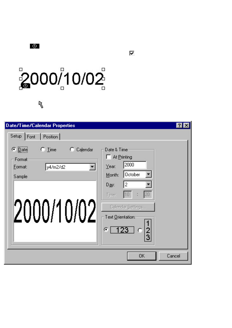 Date/time/calendar objects, Inserting the date, the time or a calendar, Click | Here, Next, Date/time/calendar (only for a layout document) | Brother P-TOUCH 3.1 User Manual | Page 138 / 203