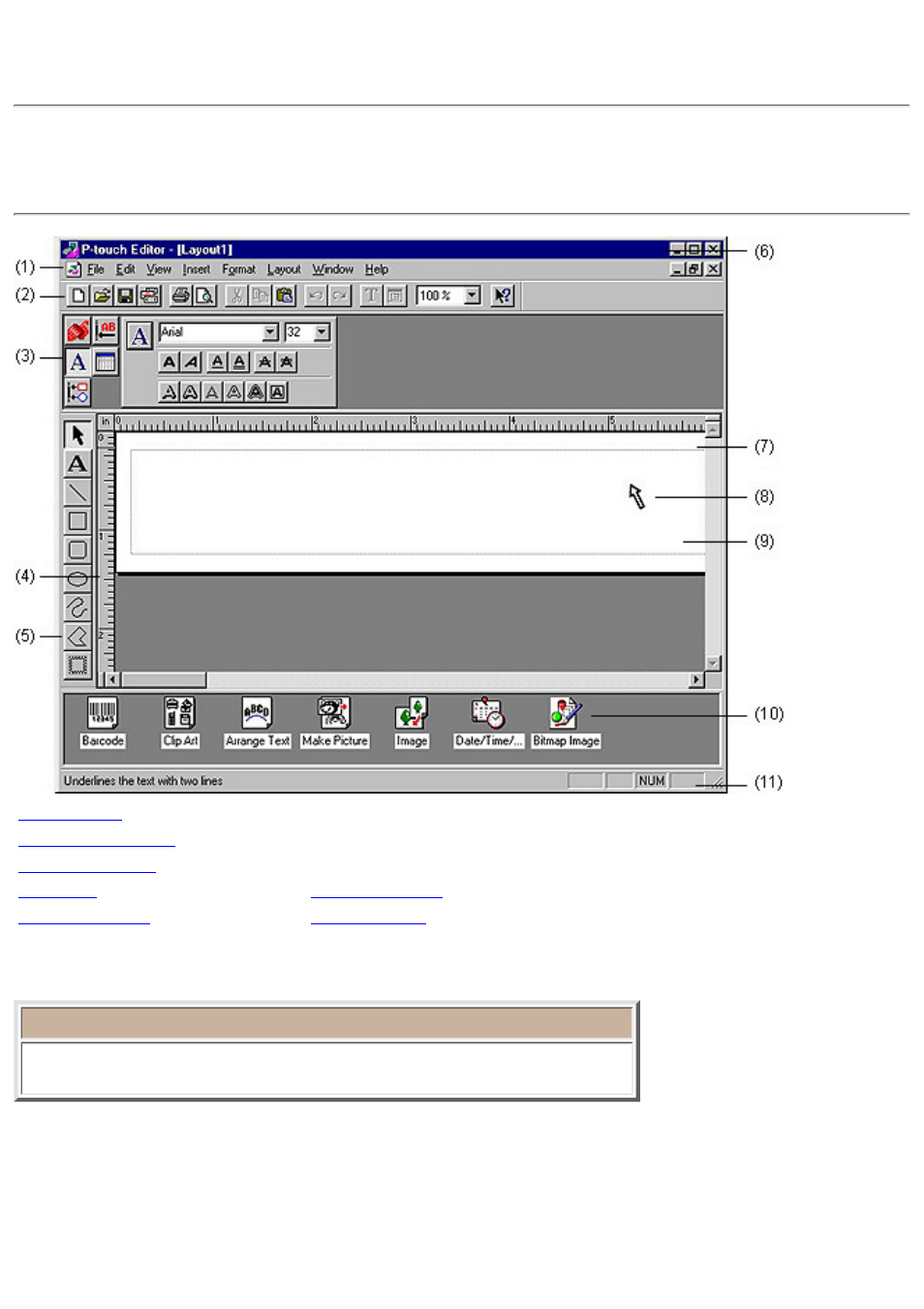 P-touch editor environment, Layout document window, P-touch editor environment layout document window | Click here | Brother P-TOUCH 3.1 User Manual | Page 47 / 203