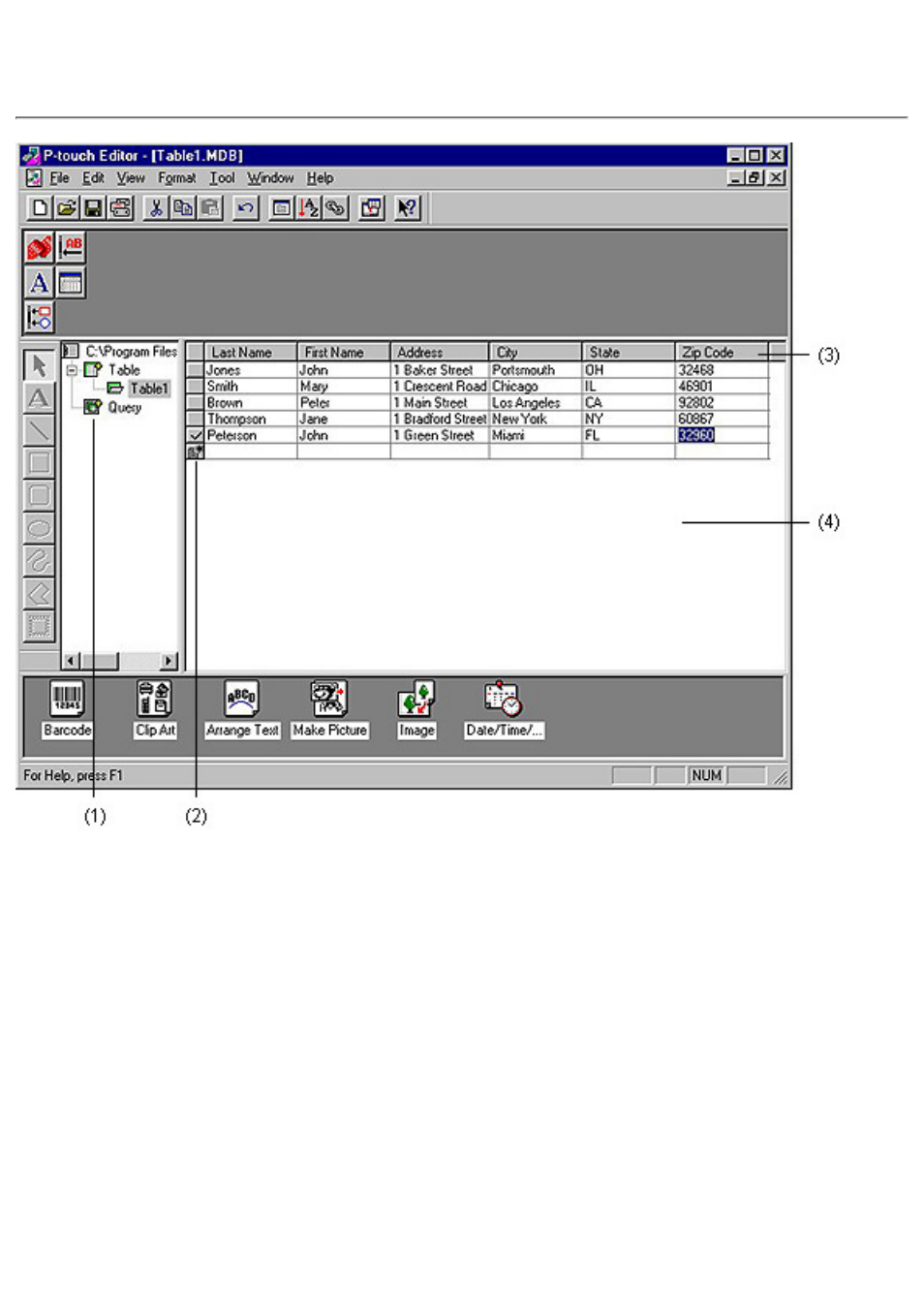 Record view window, Database tree view, Click here | Brother P-TOUCH 3.1 User Manual | Page 60 / 203