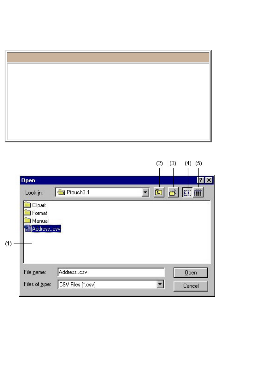 Open dialog box, Import database (only for a database document) | Brother P-TOUCH 3.1 User Manual | Page 73 / 203