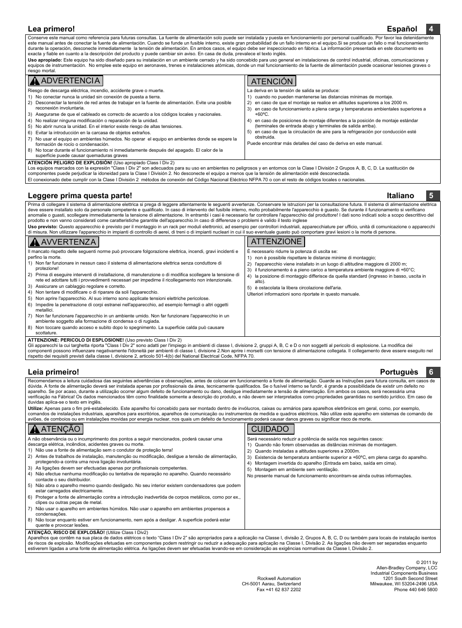 Lea primero! español 4, Advertencia, Atención | Leggere prima questa parte! italiano 5, Avvertenza, Attenzione, Leia primeiro! portuguès 6, Atenção, Cuidado | Rockwell Automation 1606-XLERED DC Power Supply User Manual | Page 2 / 4