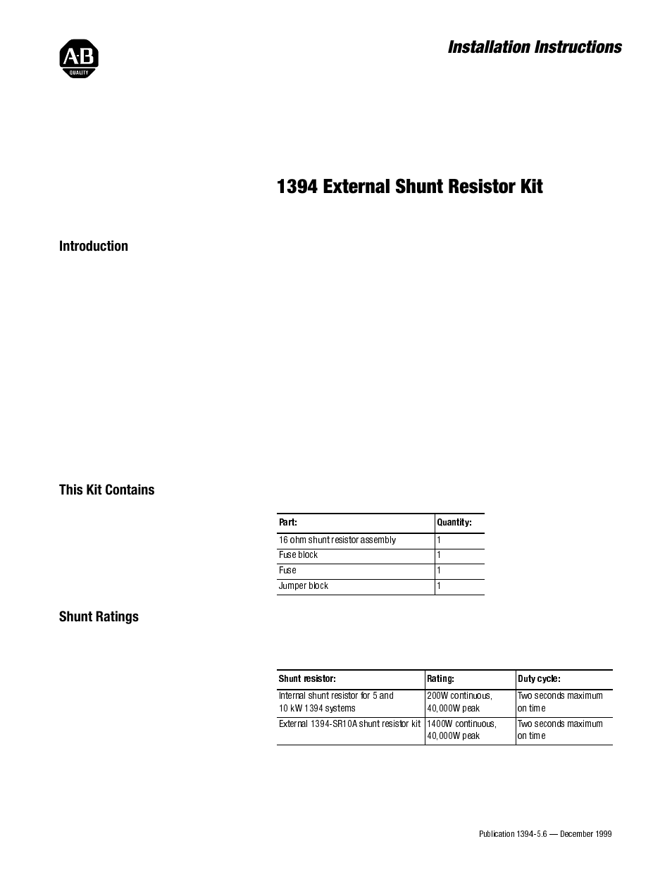 Rockwell Automation 1394-SR10A External Shunt Resistor Kit User Manual | 6 pages