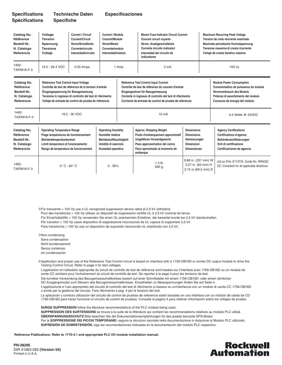 Specifications spécifications, Technische daten specifiche especificaciones | Rockwell Automation 1492-TIFM16-F-3 Fused Term. Module for use in SIL2 Safety Shutdown Appl. w/2 1756-IF16D User Manual | Page 6 / 6