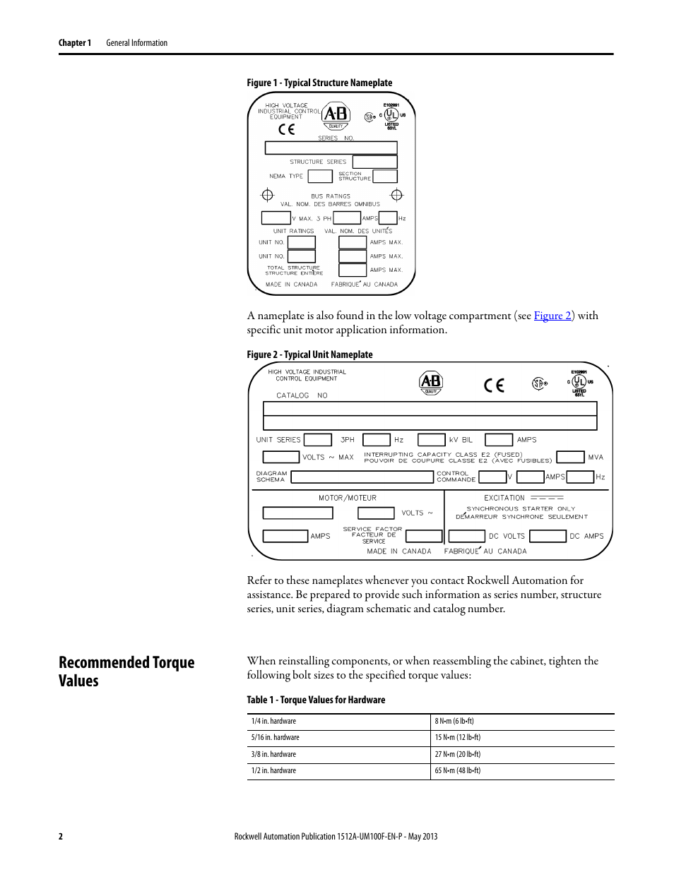 Recommended torque values, Figure 1 | Rockwell Automation 1512A MV Controllers, 400A One-High Cabinet, Standard and Arc-Resistant Enclosure User Manual | Page 10 / 96