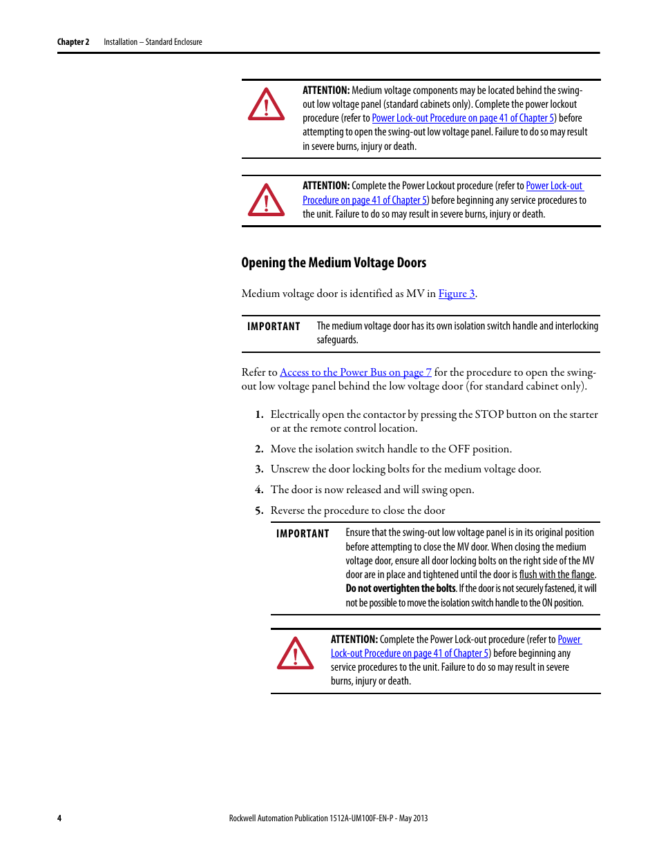 Opening the medium voltage doors | Rockwell Automation 1512A MV Controllers, 400A One-High Cabinet, Standard and Arc-Resistant Enclosure User Manual | Page 12 / 96