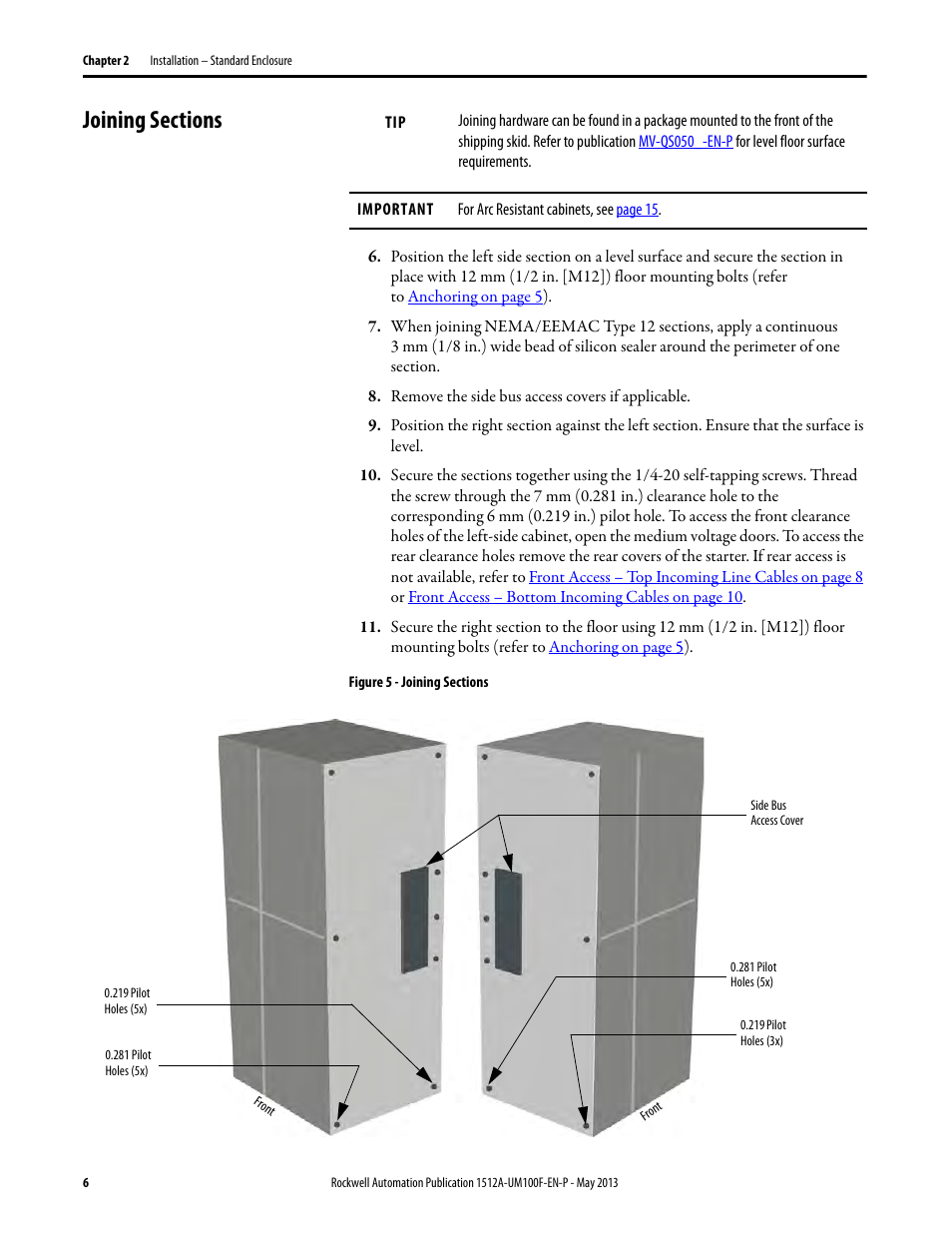 Joining sections | Rockwell Automation 1512A MV Controllers, 400A One-High Cabinet, Standard and Arc-Resistant Enclosure User Manual | Page 14 / 96