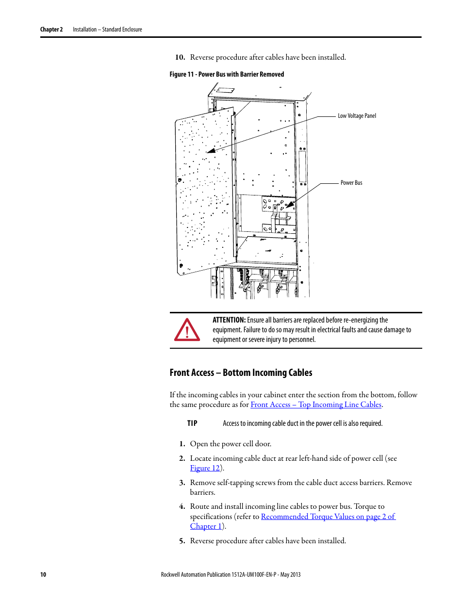 Front access – bottom incoming cables, Figure 11 | Rockwell Automation 1512A MV Controllers, 400A One-High Cabinet, Standard and Arc-Resistant Enclosure User Manual | Page 18 / 96