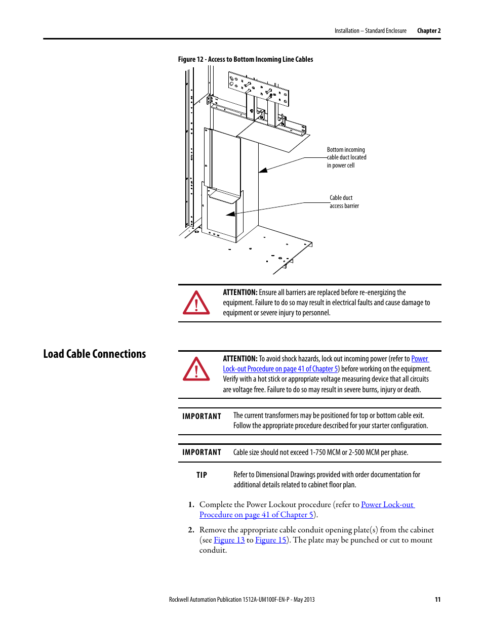 Load cable connections, Figure 12 | Rockwell Automation 1512A MV Controllers, 400A One-High Cabinet, Standard and Arc-Resistant Enclosure User Manual | Page 19 / 96