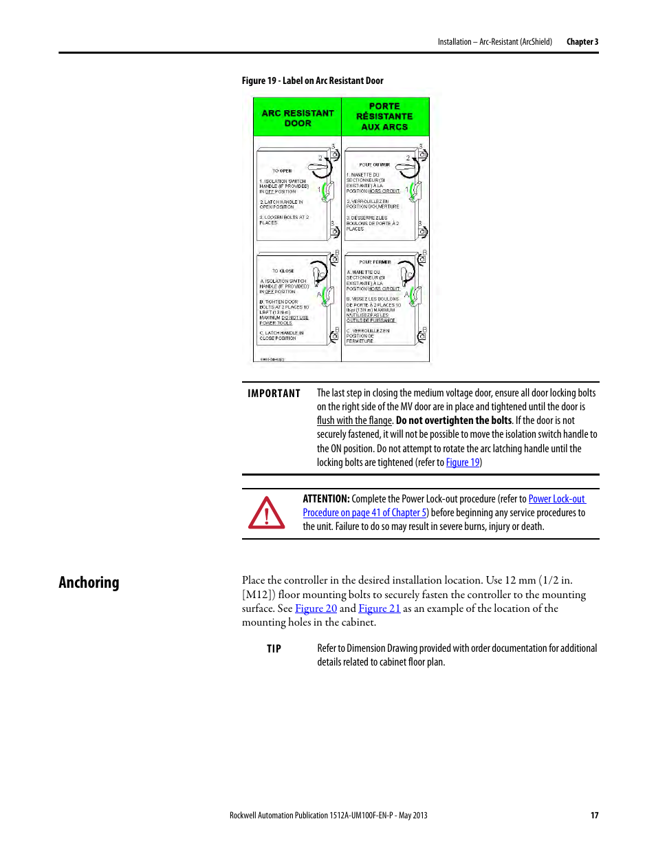 Anchoring, Figure 19, R in | Rockwell Automation 1512A MV Controllers, 400A One-High Cabinet, Standard and Arc-Resistant Enclosure User Manual | Page 25 / 96