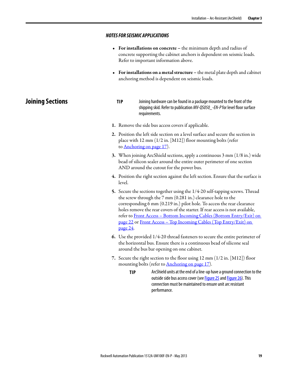 Joining sections | Rockwell Automation 1512A MV Controllers, 400A One-High Cabinet, Standard and Arc-Resistant Enclosure User Manual | Page 27 / 96