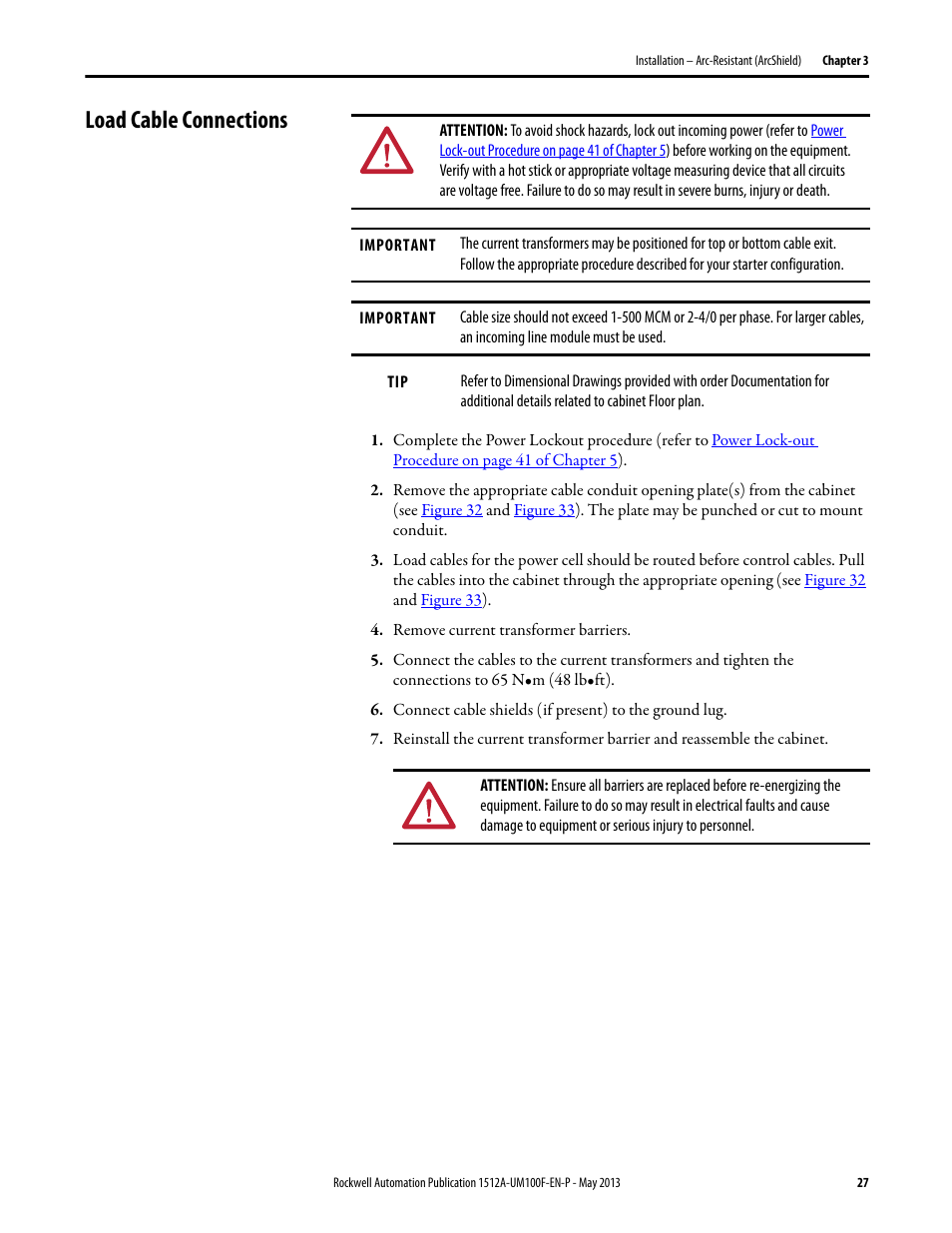 Load cable connections | Rockwell Automation 1512A MV Controllers, 400A One-High Cabinet, Standard and Arc-Resistant Enclosure User Manual | Page 35 / 96
