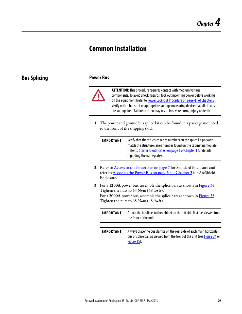 4 - common installation, Bus splicing, Power bus | Chapter 4, Common installation, Chapter | Rockwell Automation 1512A MV Controllers, 400A One-High Cabinet, Standard and Arc-Resistant Enclosure User Manual | Page 37 / 96