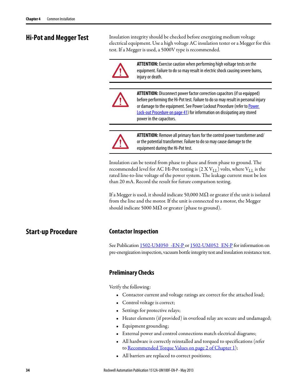 Hi-pot and megger test, Start-up procedure, Contactor inspection | Preliminary checks, Hi-pot and megger test start-up procedure, Contactor inspection preliminary checks | Rockwell Automation 1512A MV Controllers, 400A One-High Cabinet, Standard and Arc-Resistant Enclosure User Manual | Page 42 / 96