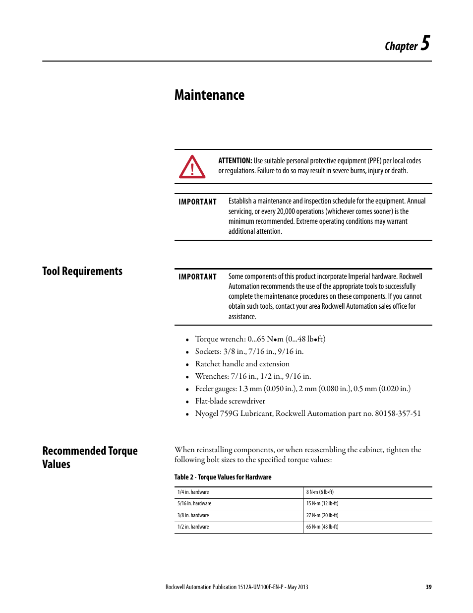 5 - maintenance, Tool requirements, Recommended torque values | Chapter 5, Maintenance, Tool requirements recommended torque values, Chapter | Rockwell Automation 1512A MV Controllers, 400A One-High Cabinet, Standard and Arc-Resistant Enclosure User Manual | Page 47 / 96