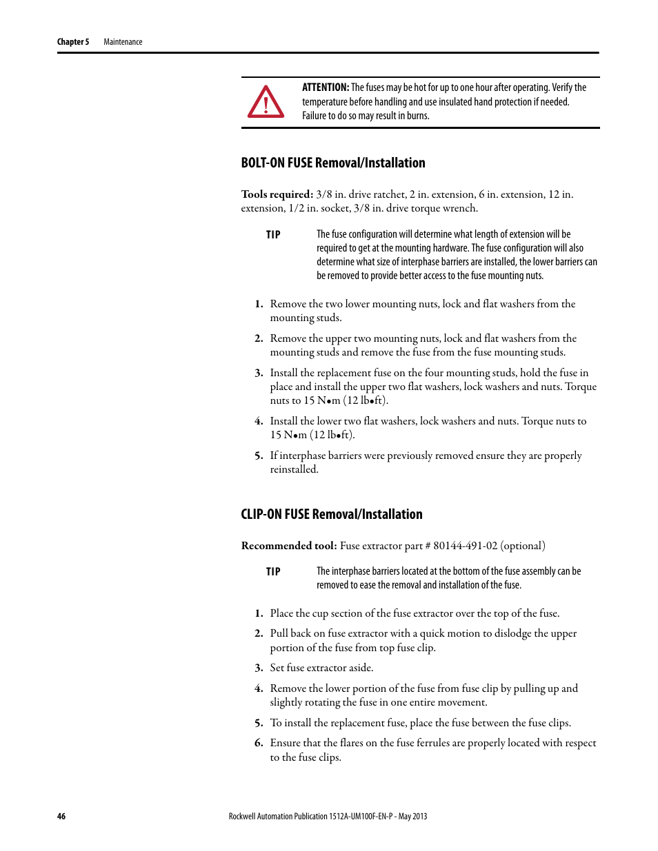 Bolt-on fuse removal/installation, Clip-on fuse removal/installation | Rockwell Automation 1512A MV Controllers, 400A One-High Cabinet, Standard and Arc-Resistant Enclosure User Manual | Page 54 / 96