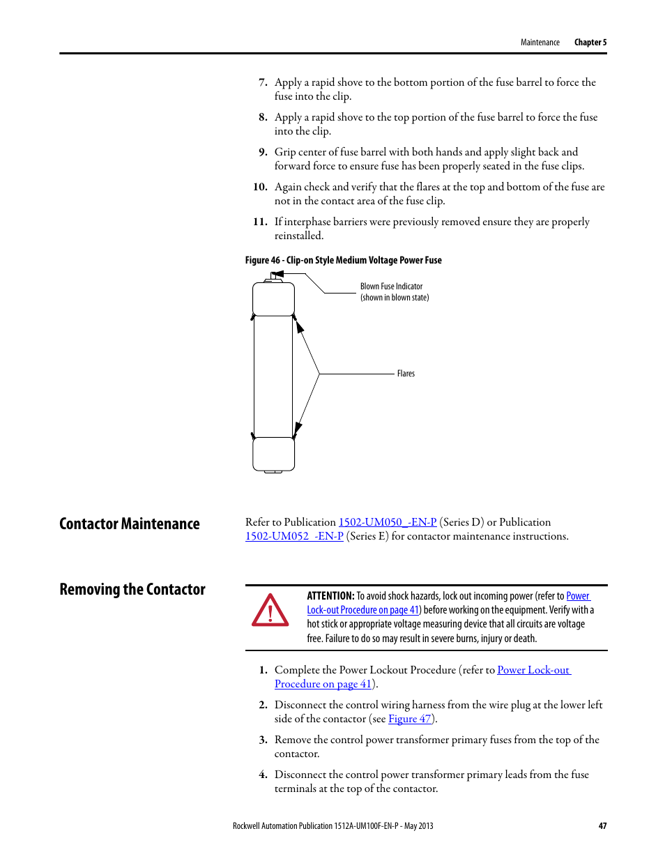 Contactor maintenance, Removing the contactor, Contactor maintenance removing the contactor | Rockwell Automation 1512A MV Controllers, 400A One-High Cabinet, Standard and Arc-Resistant Enclosure User Manual | Page 55 / 96