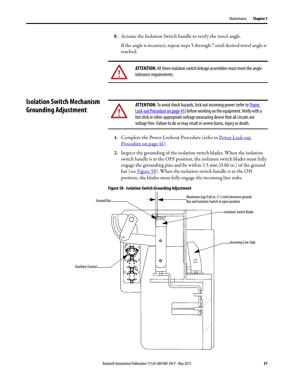 Isolation switch mechanism grounding adjustment, Figure 58 | Rockwell Automation 1512A MV Controllers, 400A One-High Cabinet, Standard and Arc-Resistant Enclosure User Manual | Page 65 / 96