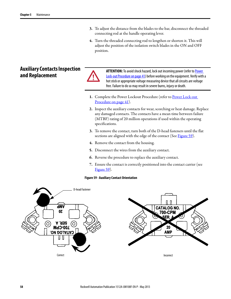 Auxiliary contacts inspection and replacement | Rockwell Automation 1512A MV Controllers, 400A One-High Cabinet, Standard and Arc-Resistant Enclosure User Manual | Page 66 / 96