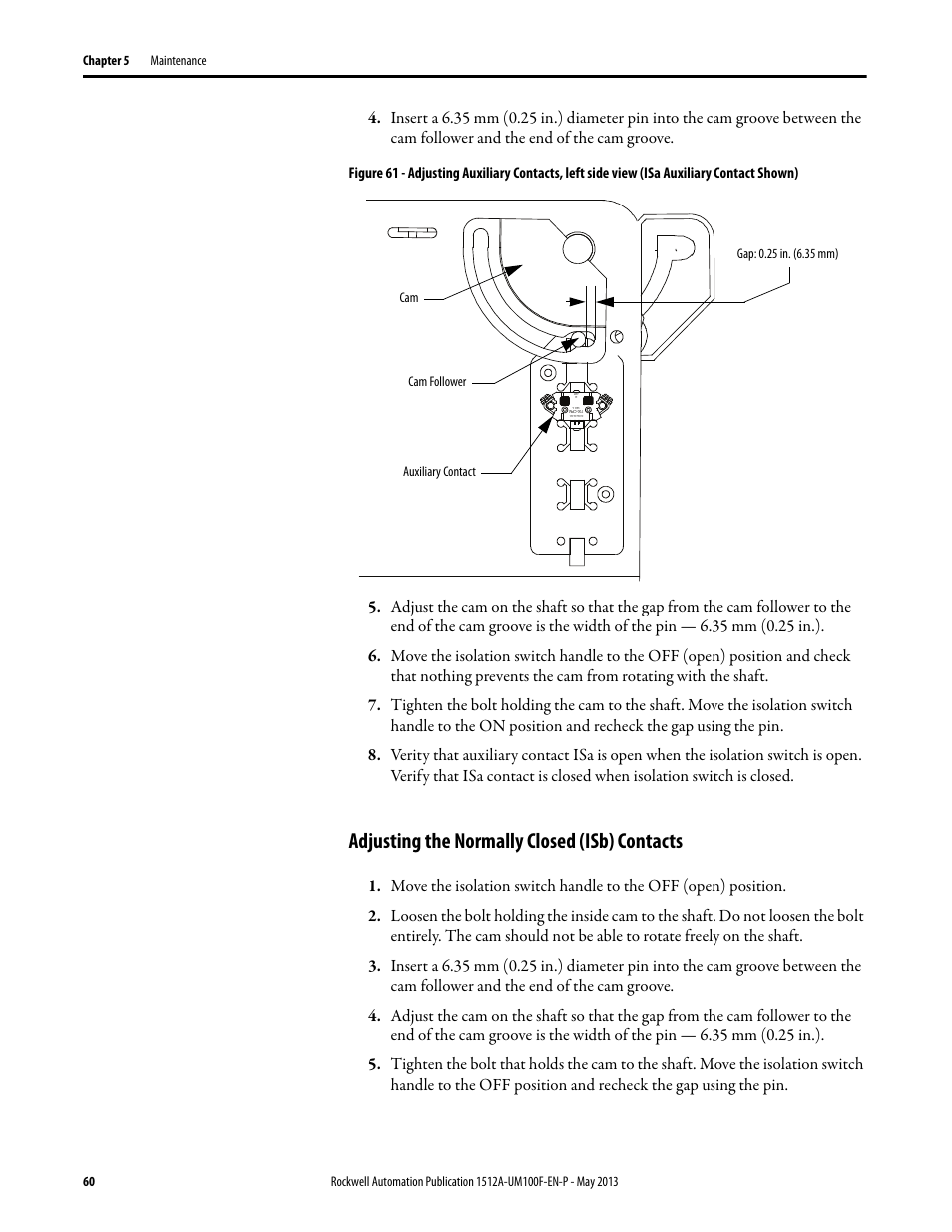 Adjusting the normally closed (isb) contacts | Rockwell Automation 1512A MV Controllers, 400A One-High Cabinet, Standard and Arc-Resistant Enclosure User Manual | Page 68 / 96