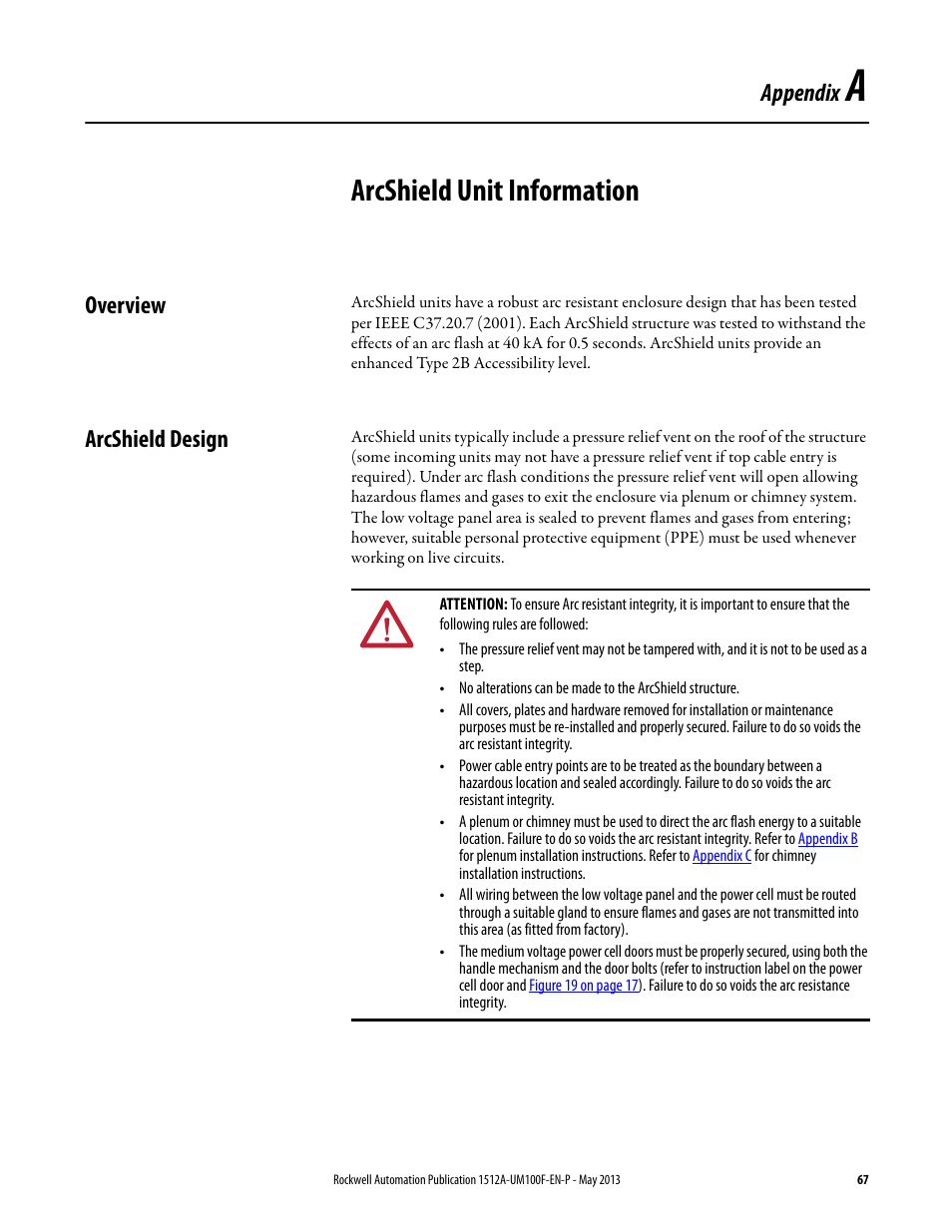 A - arcshield unit information, Overview, Arcshield design | Appendix a, Arcshield unit information, Overview arcshield design, Be found in, Appendix | Rockwell Automation 1512A MV Controllers, 400A One-High Cabinet, Standard and Arc-Resistant Enclosure User Manual | Page 75 / 96