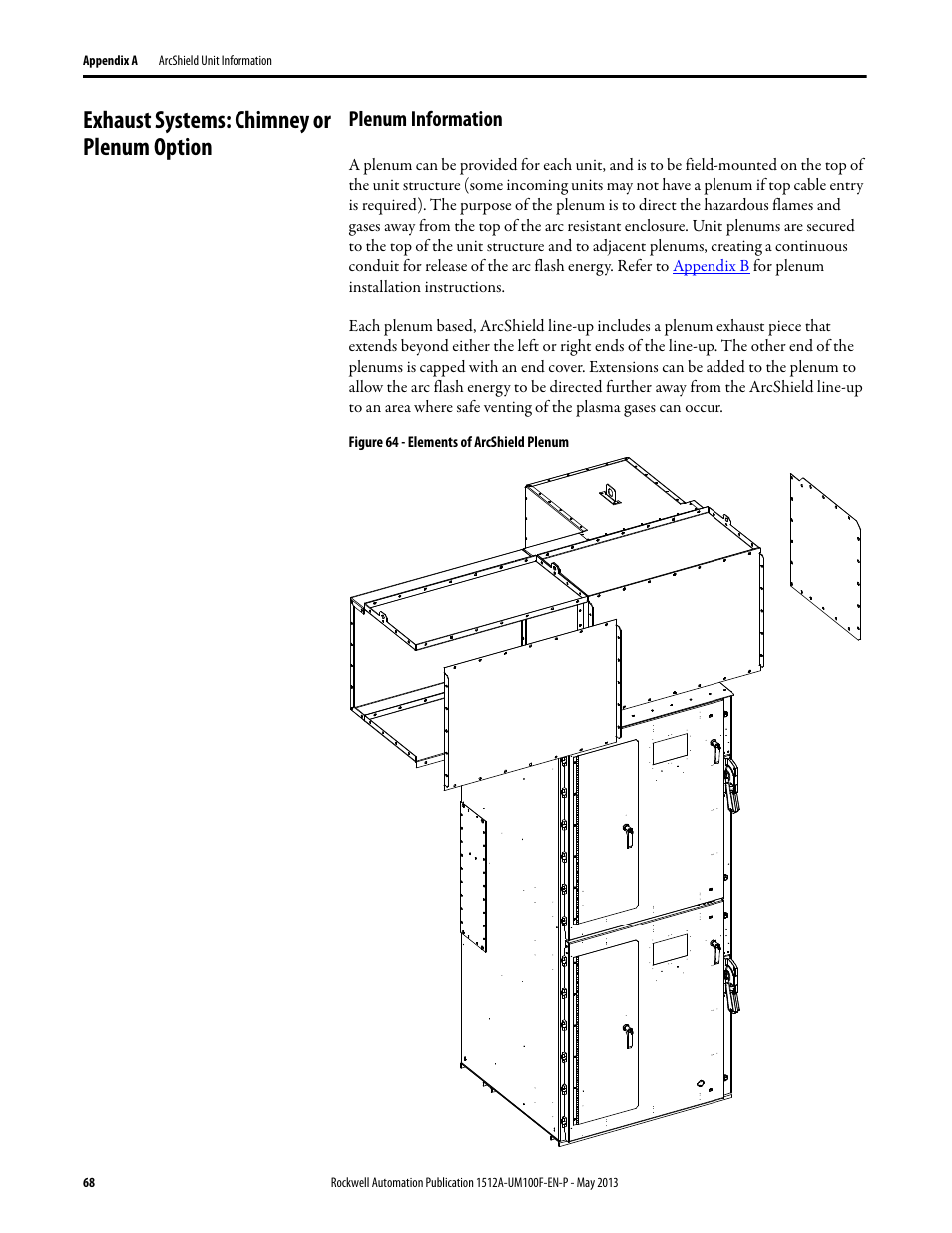 Exhaust systems: chimney or plenum option, Plenum information | Rockwell Automation 1512A MV Controllers, 400A One-High Cabinet, Standard and Arc-Resistant Enclosure User Manual | Page 76 / 96