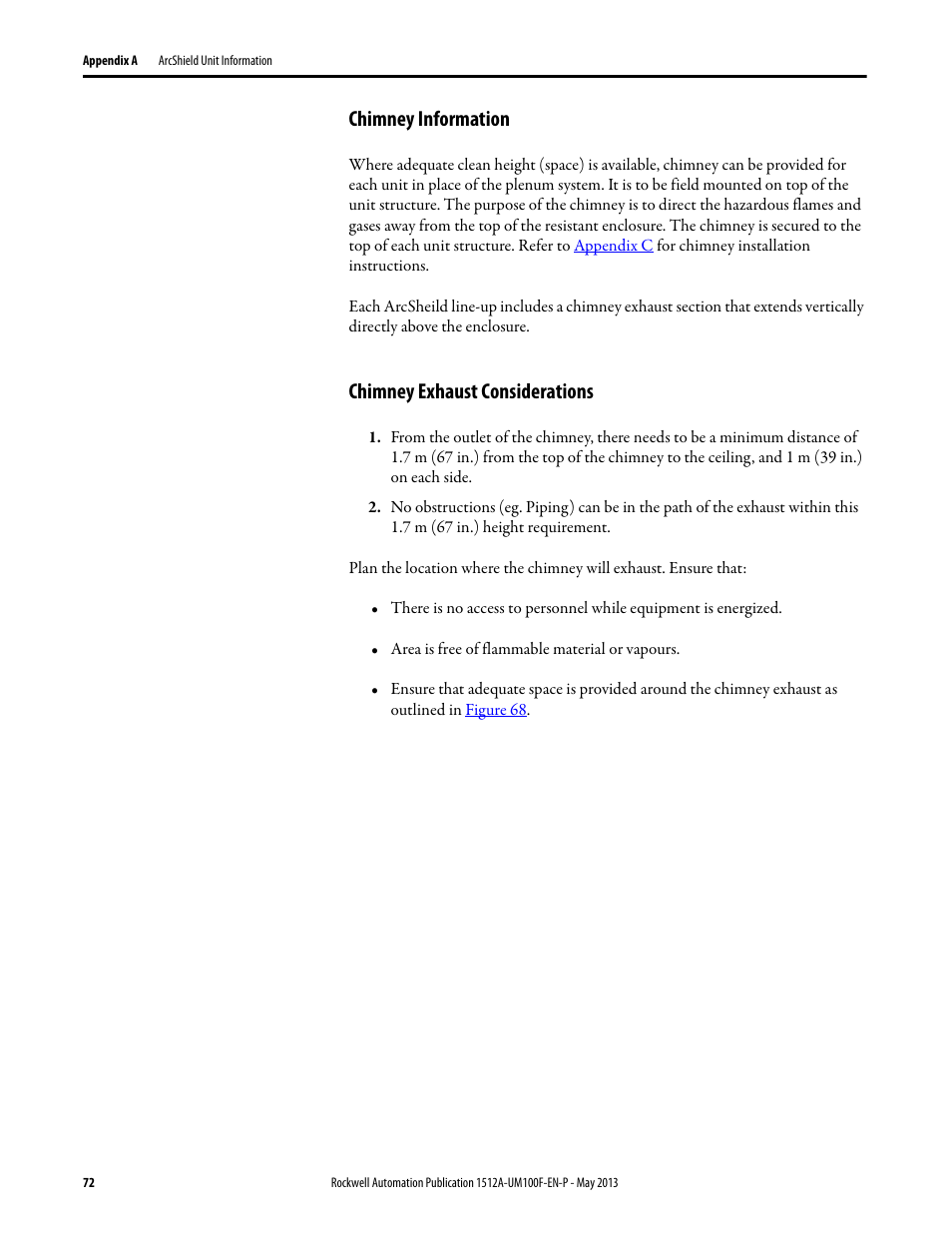 Chimney information, Chimney exhaust considerations, Chimney information chimney exhaust considerations | Rockwell Automation 1512A MV Controllers, 400A One-High Cabinet, Standard and Arc-Resistant Enclosure User Manual | Page 80 / 96
