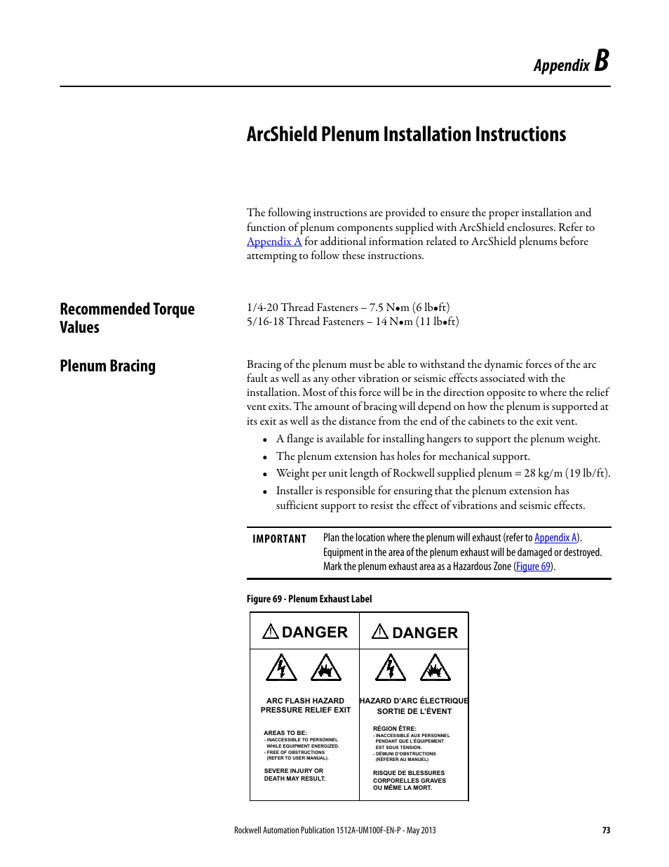 B - arcshield plenum installation instructions, Recommended torque values, Plenum bracing | Appendix b, Arcshield plenum installation instructions, Recommended torque values plenum bracing, Appendix, Danger | Rockwell Automation 1512A MV Controllers, 400A One-High Cabinet, Standard and Arc-Resistant Enclosure User Manual | Page 81 / 96