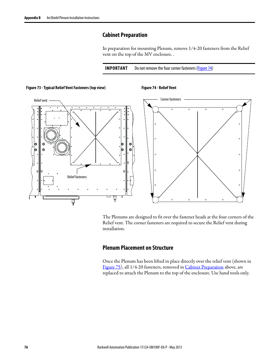 Cabinet preparation, Plenum placement on structure, Cabinet preparation plenum placement on structure | Rockwell Automation 1512A MV Controllers, 400A One-High Cabinet, Standard and Arc-Resistant Enclosure User Manual | Page 84 / 96