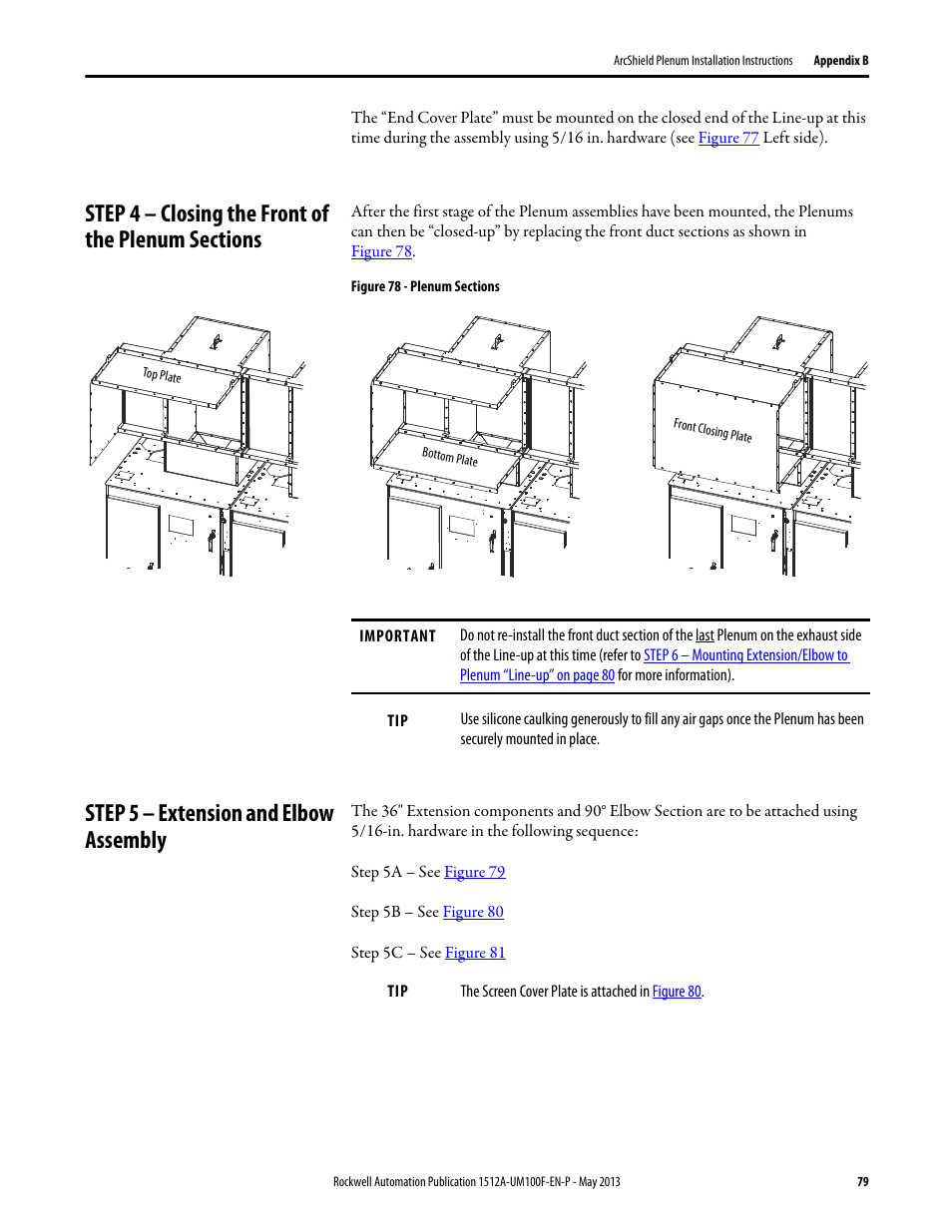 Step 4 – closing the front of the plenum sections, Step 5 – extension and elbow assembly | Rockwell Automation 1512A MV Controllers, 400A One-High Cabinet, Standard and Arc-Resistant Enclosure User Manual | Page 87 / 96