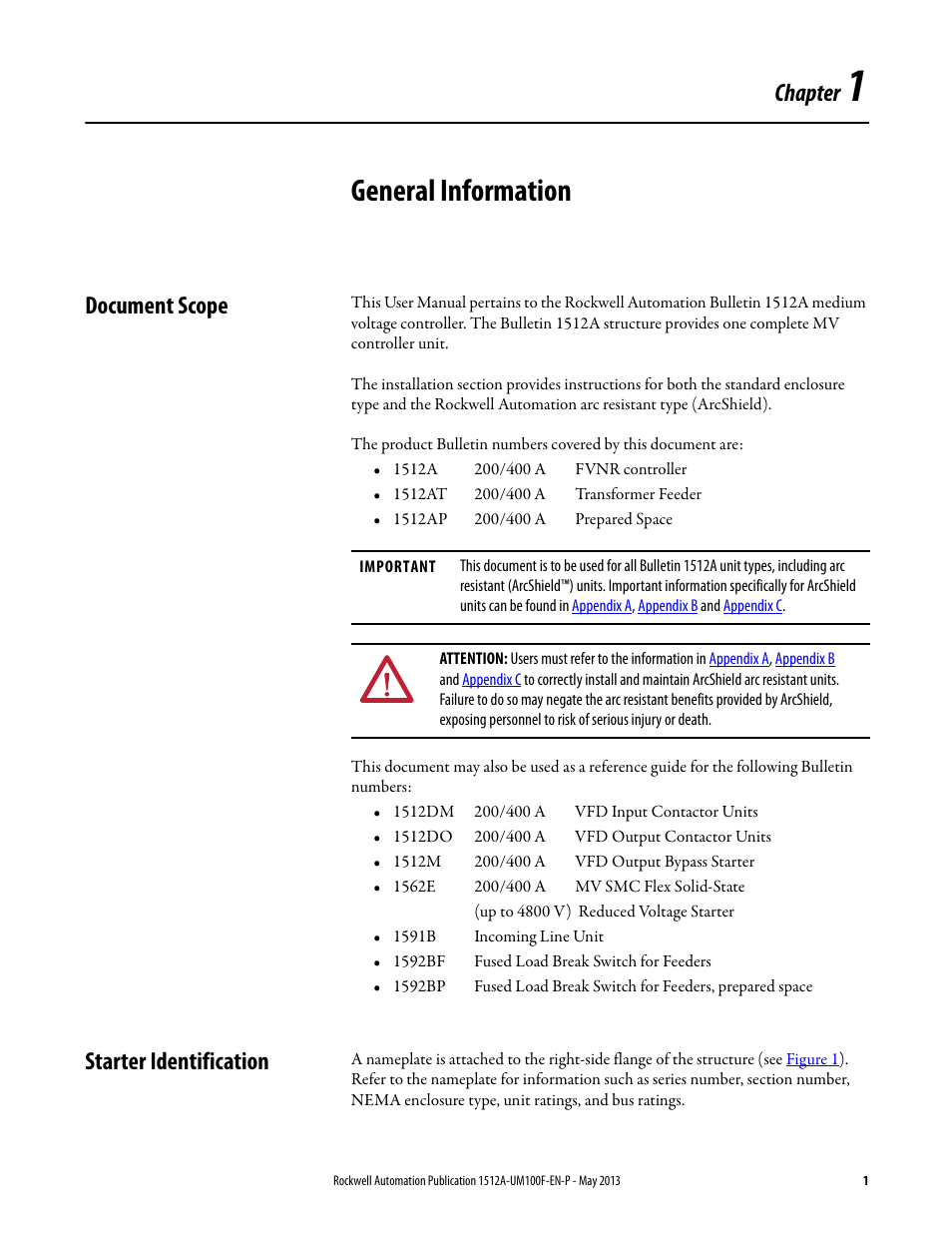 1 - general information, Document scope, Starter identification | Chapter 1, General information, Document scope starter identification, Chapter | Rockwell Automation 1512A MV Controllers, 400A One-High Cabinet, Standard and Arc-Resistant Enclosure User Manual | Page 9 / 96