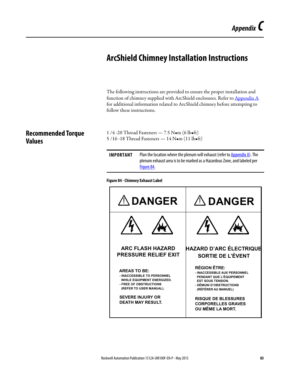 C - arcshield chimney installation instructions, Recommended torque values, Appendix c | Arcshield chimney installation instructions, Danger, Appendix | Rockwell Automation 1512A MV Controllers, 400A One-High Cabinet, Standard and Arc-Resistant Enclosure User Manual | Page 91 / 96