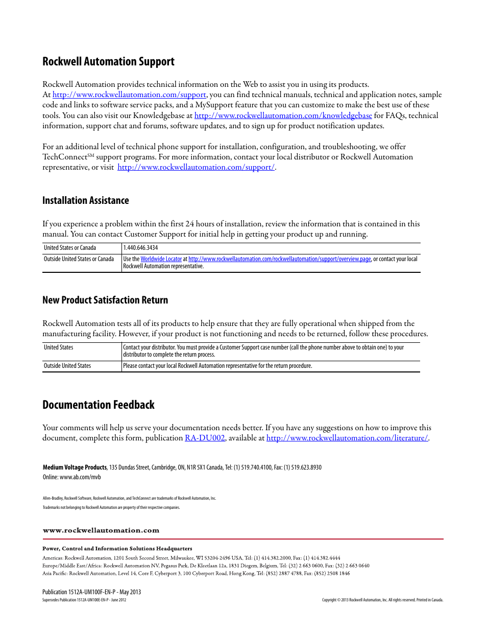 Back cover, Rockwell automation support, Documentation feedback | Installation assistance, New product satisfaction return | Rockwell Automation 1512A MV Controllers, 400A One-High Cabinet, Standard and Arc-Resistant Enclosure User Manual | Page 96 / 96