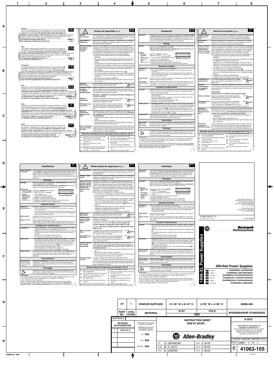 160 6- xl pow er supp lies, De en fr es it pt, Din-rail power supplies | Rockwell Automation 1606-XL BASIC DIN Rail Power Supplies User Manual | Page 16 / 16