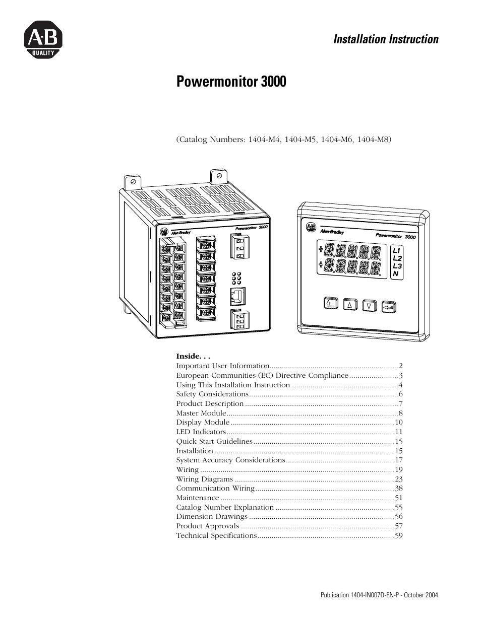 Rockwell Automation 1404-M4_M5_M6_M8 Powermonitor 3000 Installation Instructions, PRIOR to Firmware rev. 3.0 User Manual | 66 pages