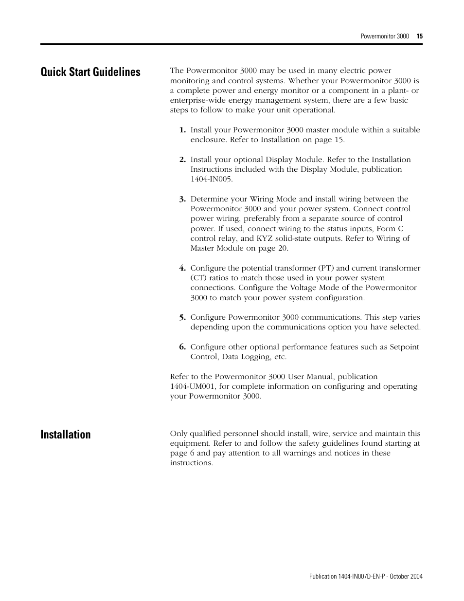 Quick start guidelines, Installation, 15 installation | Rockwell Automation 1404-M4_M5_M6_M8 Powermonitor 3000 Installation Instructions, PRIOR to Firmware rev. 3.0 User Manual | Page 15 / 66