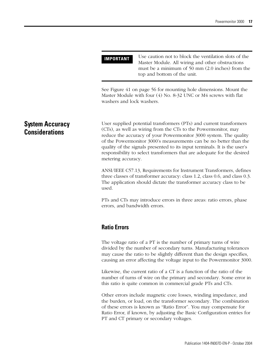 System accuracy considerations, Ratio errors | Rockwell Automation 1404-M4_M5_M6_M8 Powermonitor 3000 Installation Instructions, PRIOR to Firmware rev. 3.0 User Manual | Page 17 / 66