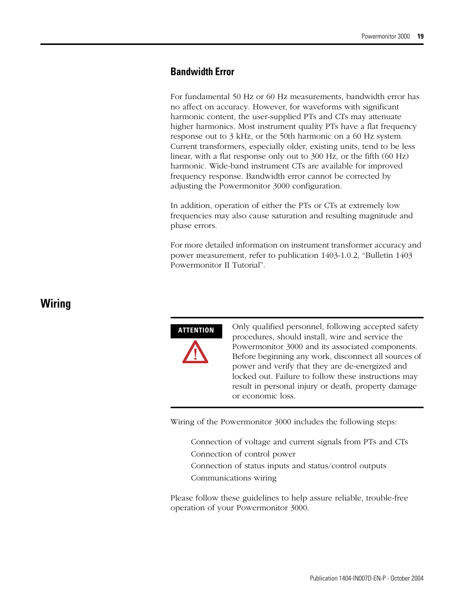 Wiring, Bandwidth error | Rockwell Automation 1404-M4_M5_M6_M8 Powermonitor 3000 Installation Instructions, PRIOR to Firmware rev. 3.0 User Manual | Page 19 / 66