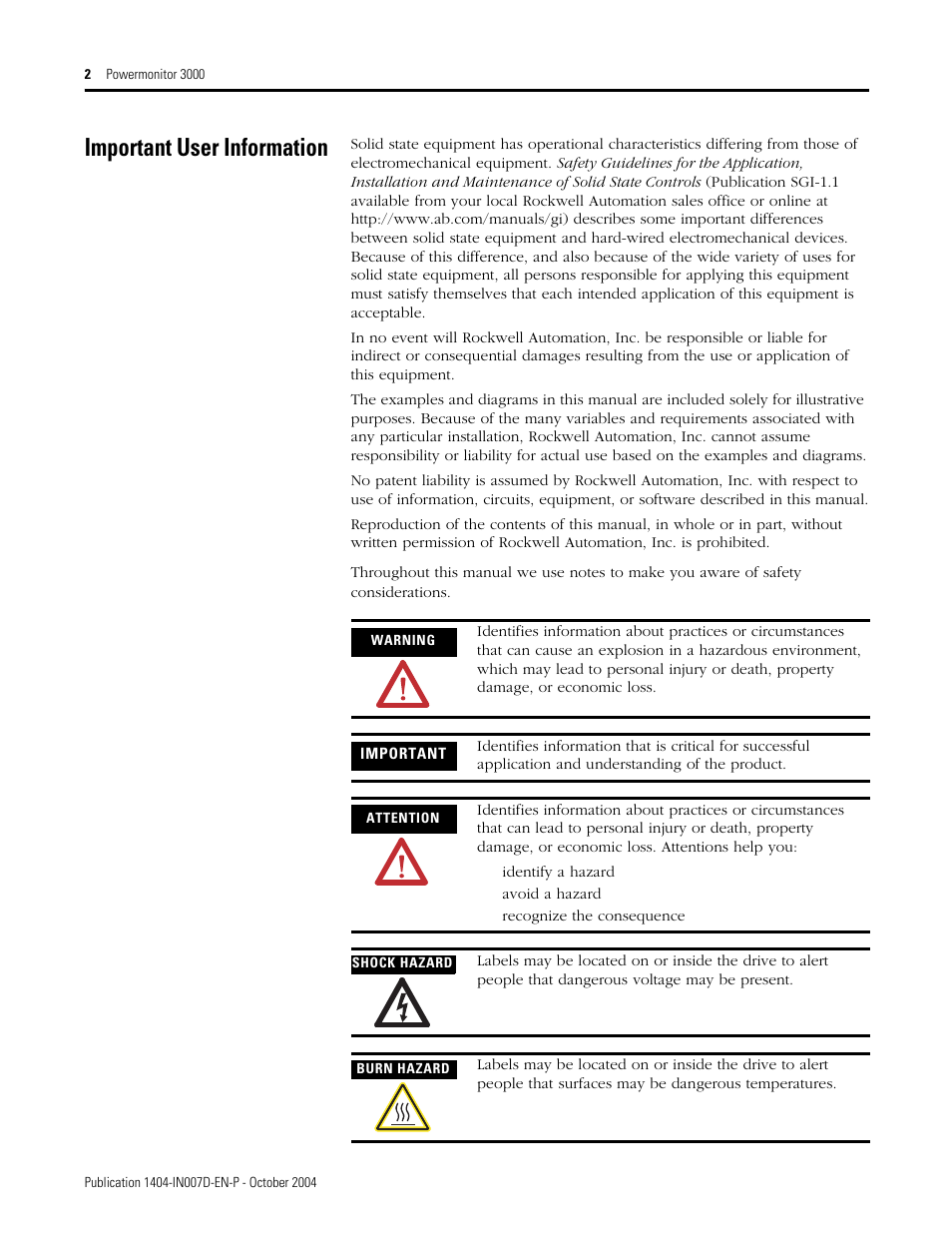 Important user information | Rockwell Automation 1404-M4_M5_M6_M8 Powermonitor 3000 Installation Instructions, PRIOR to Firmware rev. 3.0 User Manual | Page 2 / 66