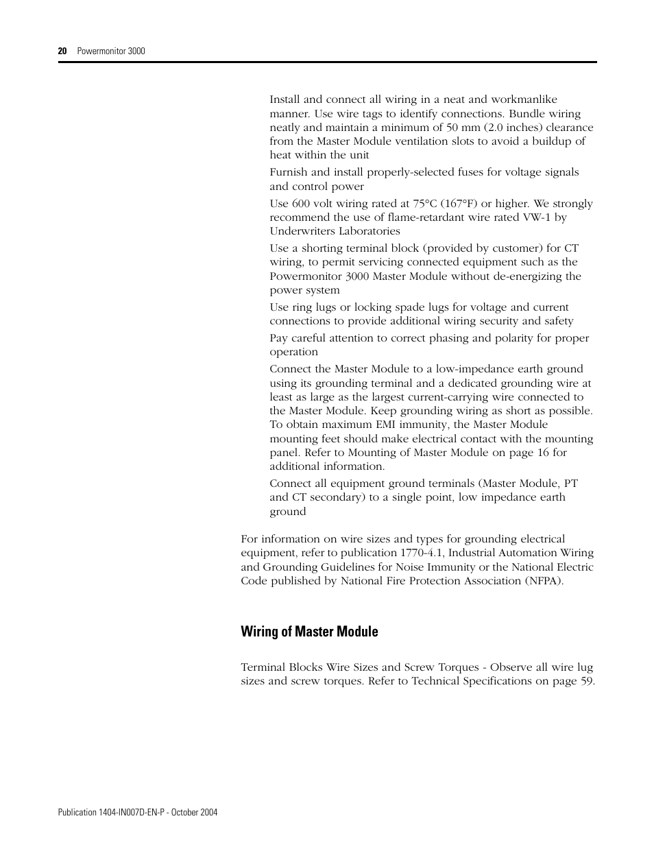 Wiring of master module | Rockwell Automation 1404-M4_M5_M6_M8 Powermonitor 3000 Installation Instructions, PRIOR to Firmware rev. 3.0 User Manual | Page 20 / 66