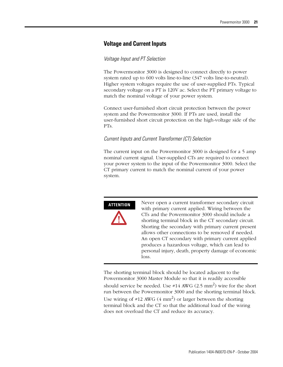 Voltage and current inputs | Rockwell Automation 1404-M4_M5_M6_M8 Powermonitor 3000 Installation Instructions, PRIOR to Firmware rev. 3.0 User Manual | Page 21 / 66