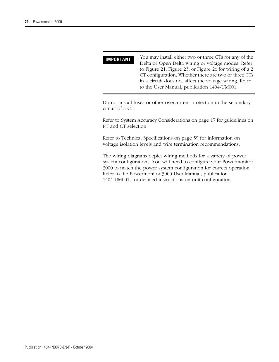 Rockwell Automation 1404-M4_M5_M6_M8 Powermonitor 3000 Installation Instructions, PRIOR to Firmware rev. 3.0 User Manual | Page 22 / 66
