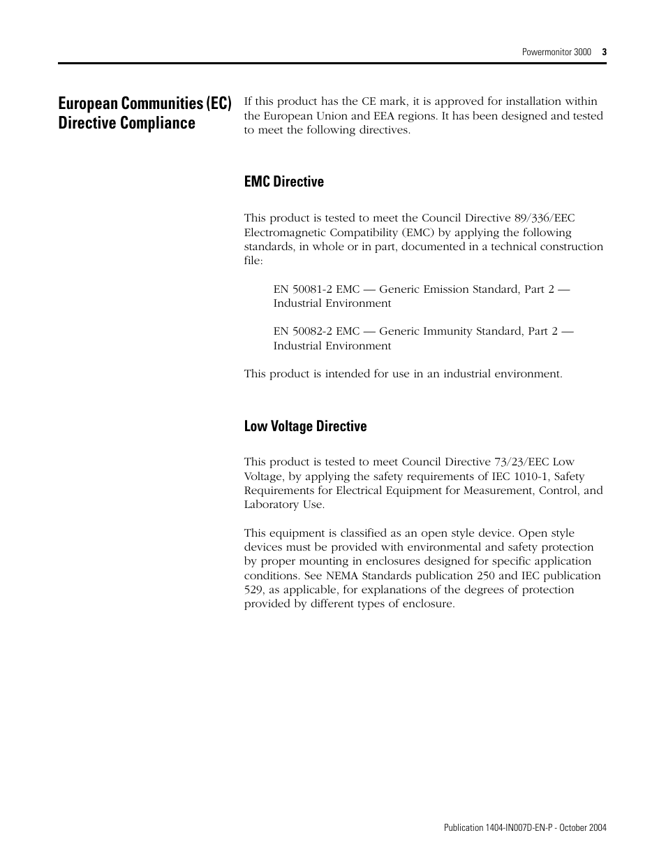 European communities (ec) directive compliance | Rockwell Automation 1404-M4_M5_M6_M8 Powermonitor 3000 Installation Instructions, PRIOR to Firmware rev. 3.0 User Manual | Page 3 / 66