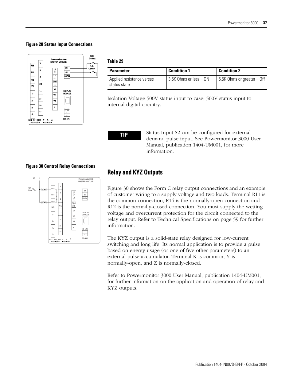 Relay and kyz outputs, Figure 28 status input connections, Figure 30 control relay connections | Rockwell Automation 1404-M4_M5_M6_M8 Powermonitor 3000 Installation Instructions, PRIOR to Firmware rev. 3.0 User Manual | Page 37 / 66