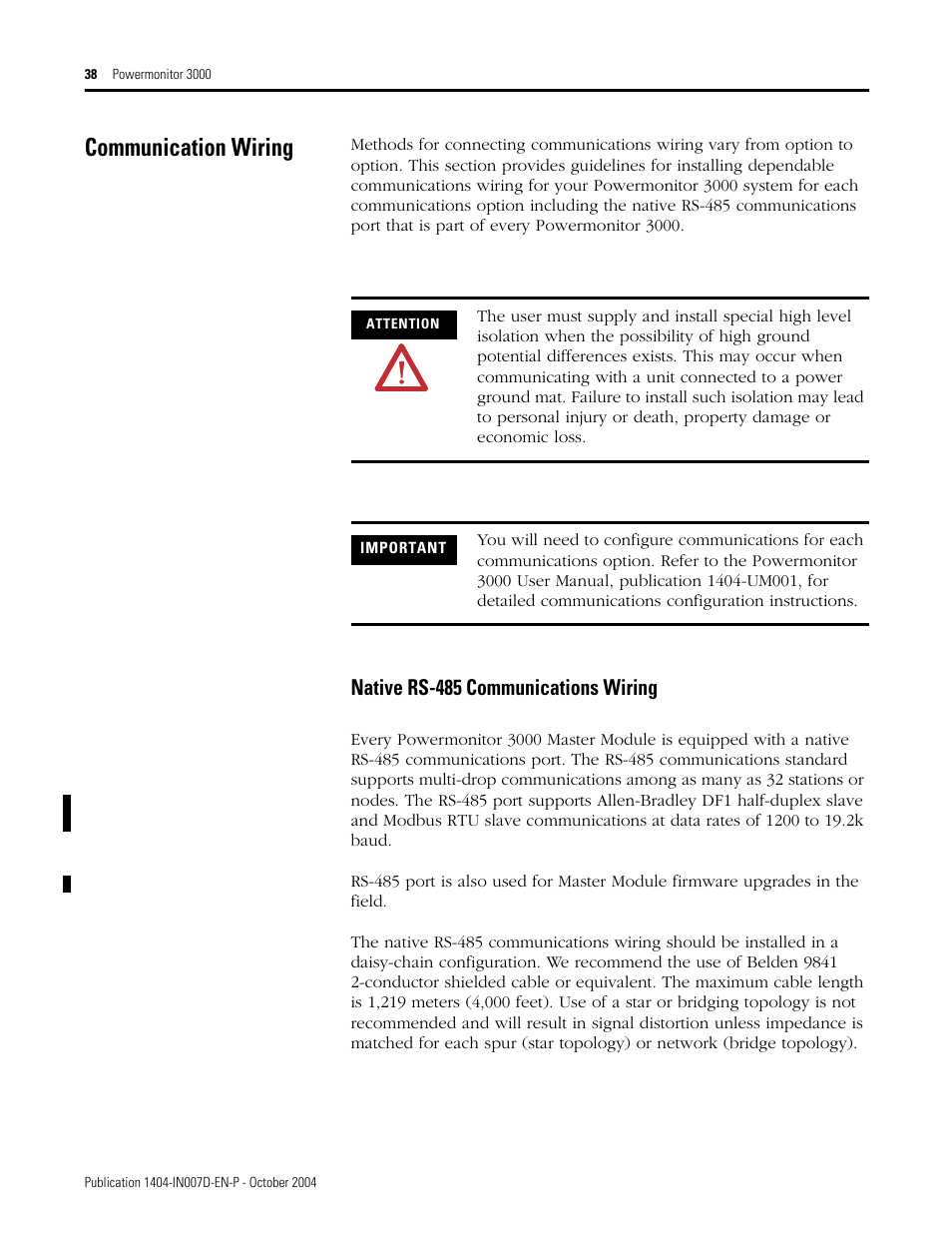 Communication wiring, Native rs-485 communications wiring | Rockwell Automation 1404-M4_M5_M6_M8 Powermonitor 3000 Installation Instructions, PRIOR to Firmware rev. 3.0 User Manual | Page 38 / 66