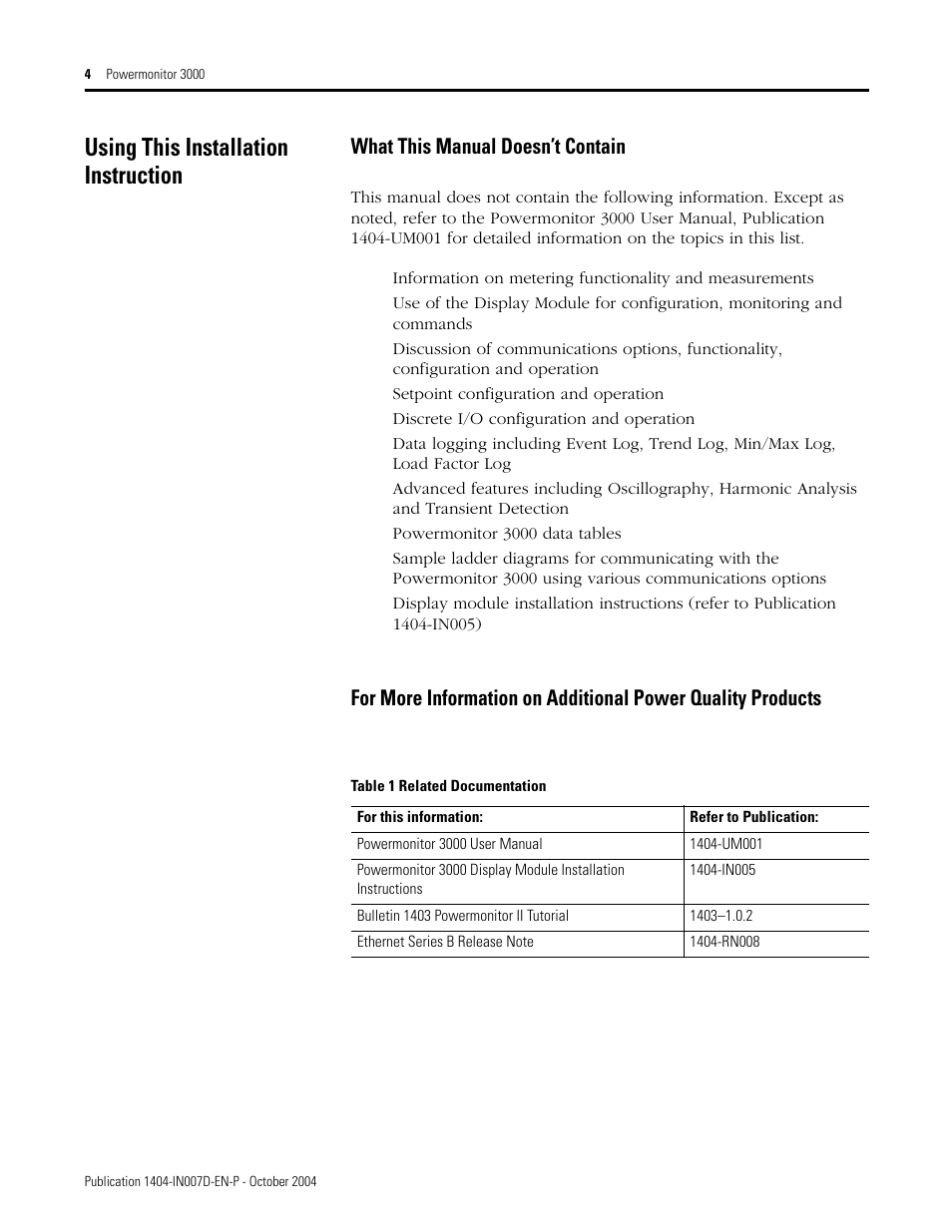 Using this installation instruction, What this manual doesn’t contain | Rockwell Automation 1404-M4_M5_M6_M8 Powermonitor 3000 Installation Instructions, PRIOR to Firmware rev. 3.0 User Manual | Page 4 / 66